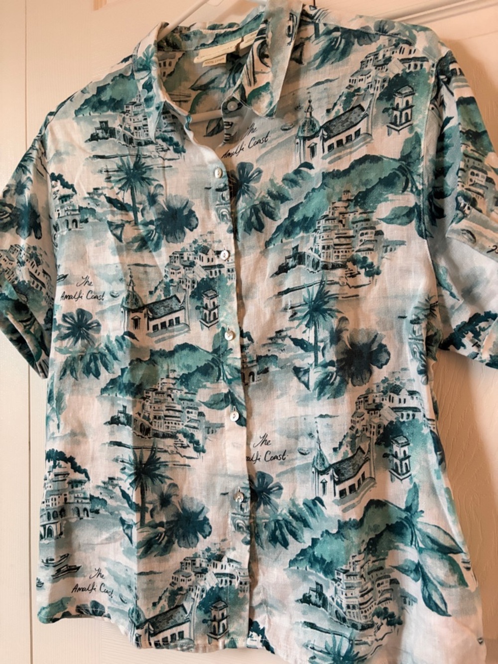 Italy Amalfi Coast 100% Linen Teal Print Short-Sleeve Shirt ~ Size M